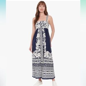London Times Women's Smocked Back Square Neck Tiered Maxi Dress Navy White Sz 6